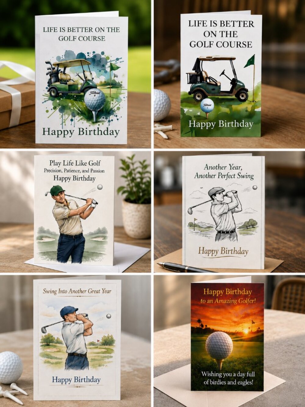 Set of 6 Golf Birthday Cards 5x7 – Assorted Golfer Greeting Cards – Envelopes In